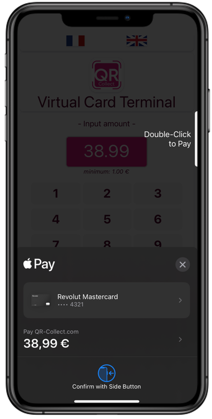 Terminal de paiement virtuel sur un téléphone — saisissez un montant et payez avec Apple Pay
